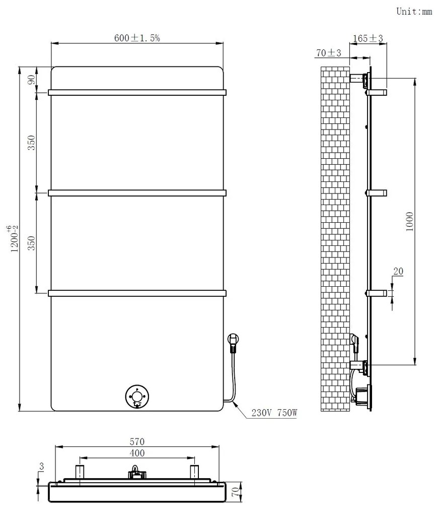 Best Design Brenner elektrische radiator mat zwart 750W 120x60cm