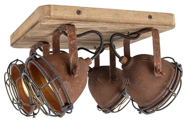 Industriële spot roestbruin met hout kantelbaar 4-lichts - Gina