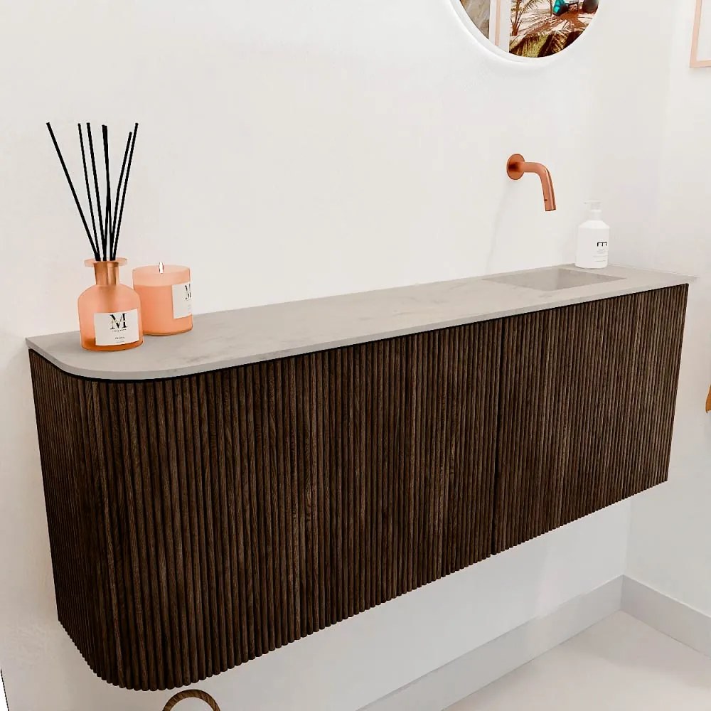 Mondiaz Joya DLux 110cm toiletmeubel ronding links walnut met wastafel faye rechts zonder kraangat opalo