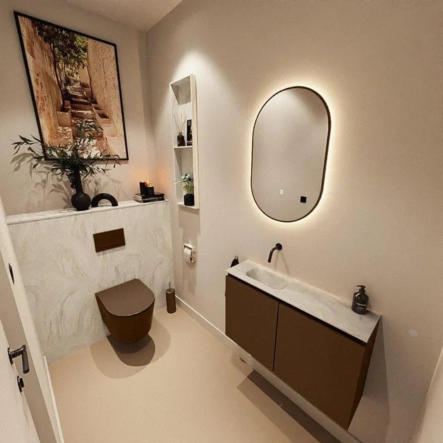 MONDIAZ TURE-DLUX 80cm toiletmeubel Rust. EDEN wastafel Ostra positie links. Zonder kraangat. TUREDX80RUSL0OST