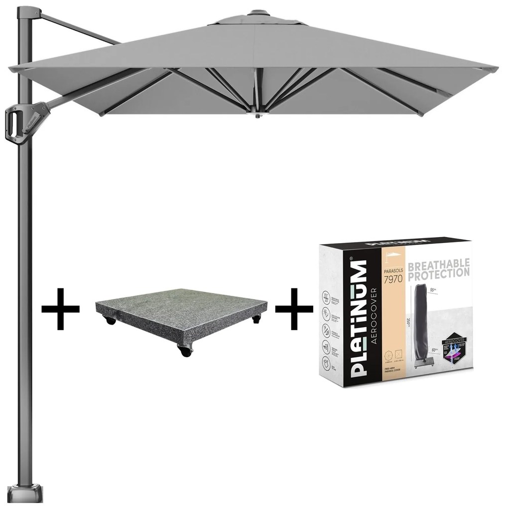 Voyager T1 zweefparasol 300x200 cm lichtgrijs met 90KG voet en hoes