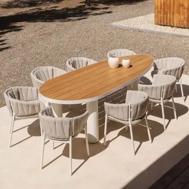 Taneli Ovale Tafelset, 260x110 Cm, Gemaakt Van Aluminium En Teakhout, En 8 Tuinstoelen, Gemaakt Van Aluminium En Roderise Stof. Teakhout - Sklum