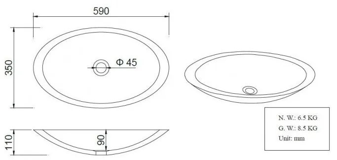 Mueller Mira solid surface wastafel ovaal 59x35x11cm