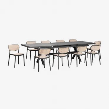 Set Van Uitschuifbare Rechthoekige Tafel 240-300x100 Cm In Aluminium Karena En 10 Stapelbare Tuinstoelen Van Polypropyleen Omara Grijs – Grafiet -