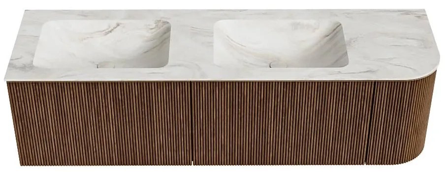 Mondiaz Kurve-dlux 155cm badmeubel ronding rechts walnut met 2 lades en 1 deur en wastafel leaf dubbel/links 2 kraangaten ostra
