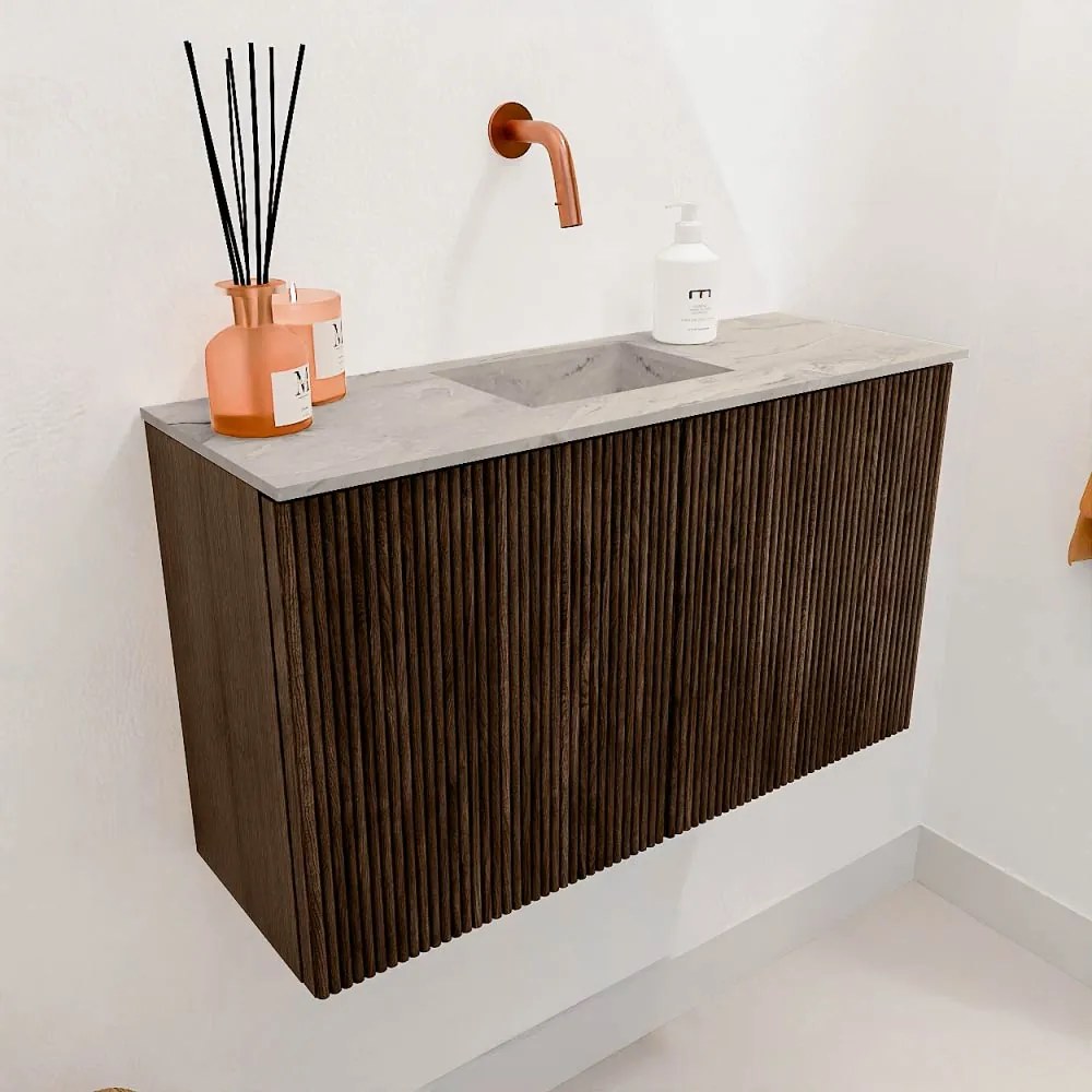 Mondiaz Joya DLux 70cm toiletmeubel walnut met wastafel faye midden zonder kraangat glace
