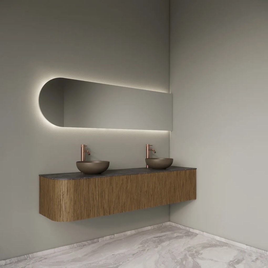 Gliss Design Alluro badmeubel ribbelfront met ronding links 180cm castle brown en zwart leisteen toppaneel