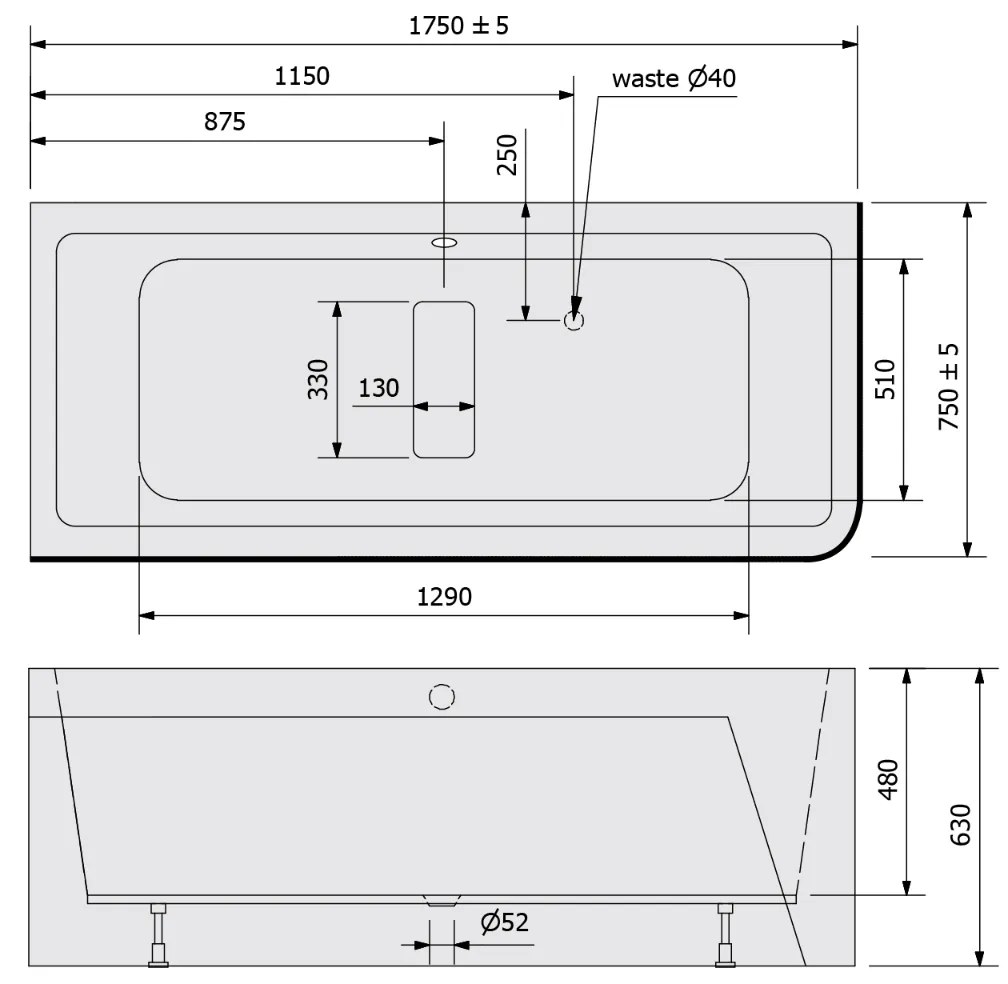 Polysan Marlene Curve ligbad links 175x75x63cm wit