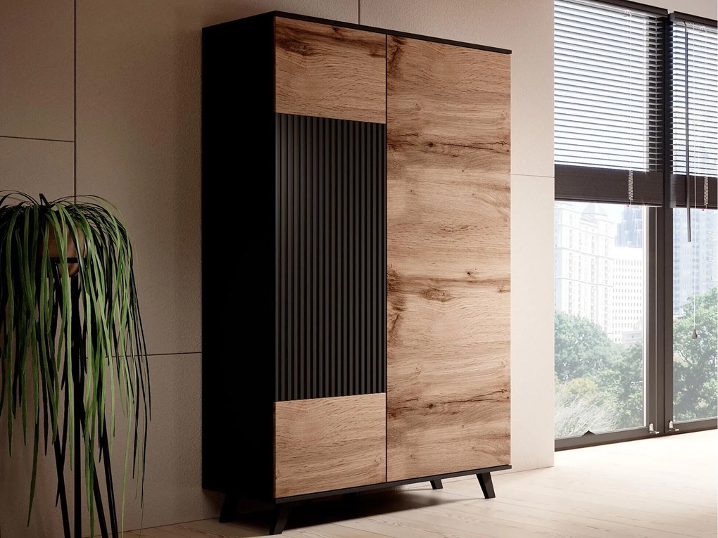 Kledingkast Luelia 113, Wotan eik, Zwart, 182x90x55cm, 67 kg, Kledingkast deuren: Met scharnieren