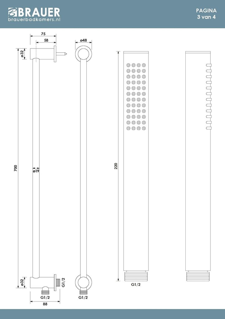 Brauer Stripe inbouw regendouche rond met 25cm hoofddouche, rond met plafondarm, glijstang en staafhanddouche set 45 koper geborsteld PVD