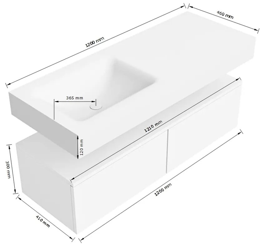 Zaro Alan badmeubel 120cm sand met 2 lades en vrijhangende wastafel links met kraangat wit mat