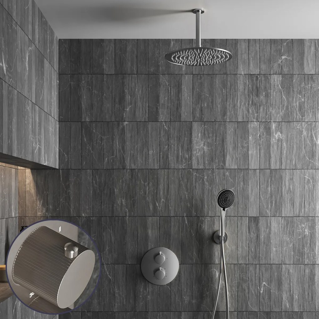 Saniclear Exclusive Stripes inbouw regendouche rond met 20cm hoofddouche, plafondarm en 3 standen handdouche RVS