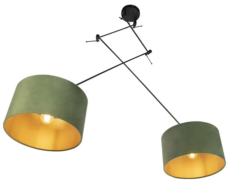 Hanglamp zwart met velours kappen groen met goud 35 cm 2-lichts - Blitz