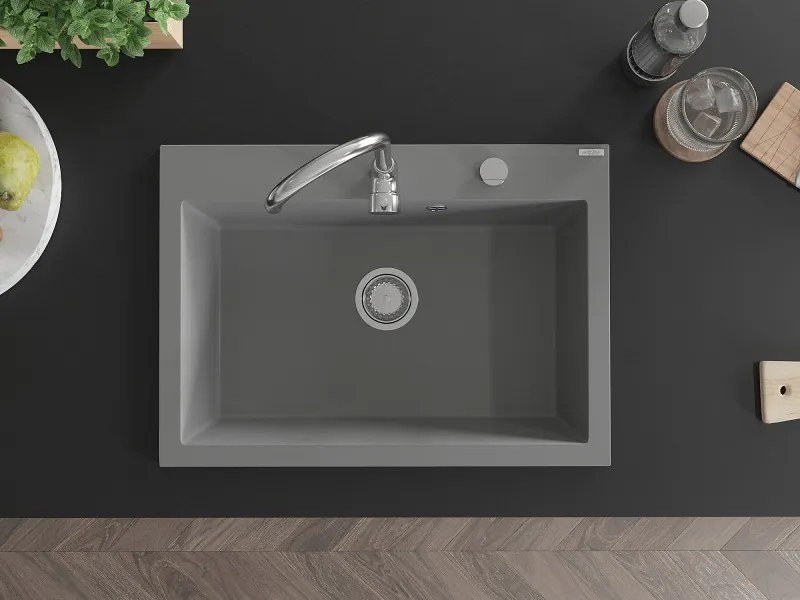 Mexen Elix granieten gootsteen 1-kamer 700 x 500 mm, grijs, chromen sifon - 6526701005-71