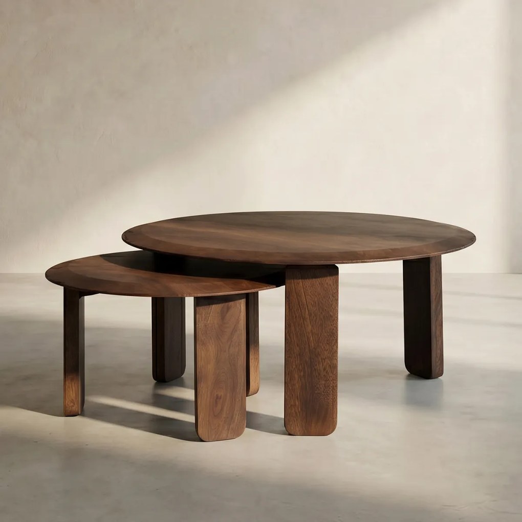 Set Van Twee Ronde Salontafels Bruin - 70 X 70cm.