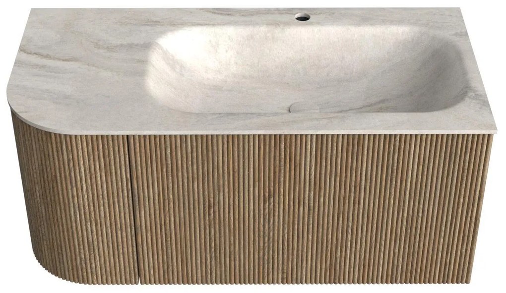 Mondiaz Kurve-dlux 95cm badmeubel ronding links dusk met 1 lade en deur en wastafel big small kraangat rechts ostra