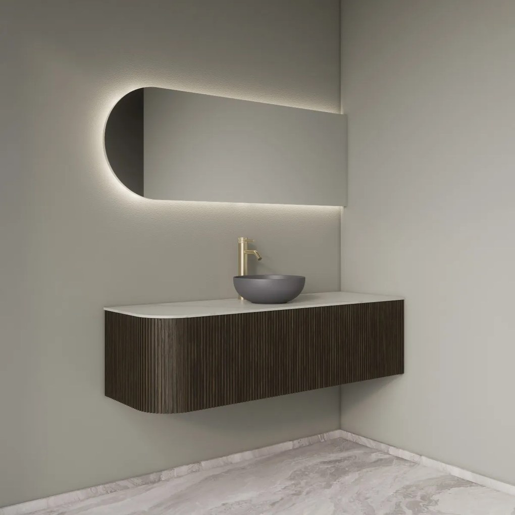 Gliss Design Alluro badmeubel ribbelfront met ronding links 140cm charcoal en wit marmer toppaneel