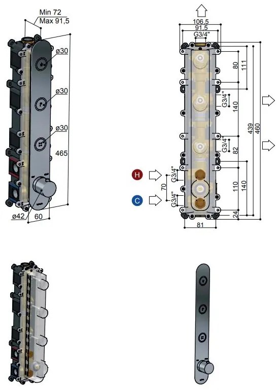 Hotbath Cobber Afbouwdeel thermostaat Verticaal met 3 pushbuttons Geborsteld Messing PVD PB050