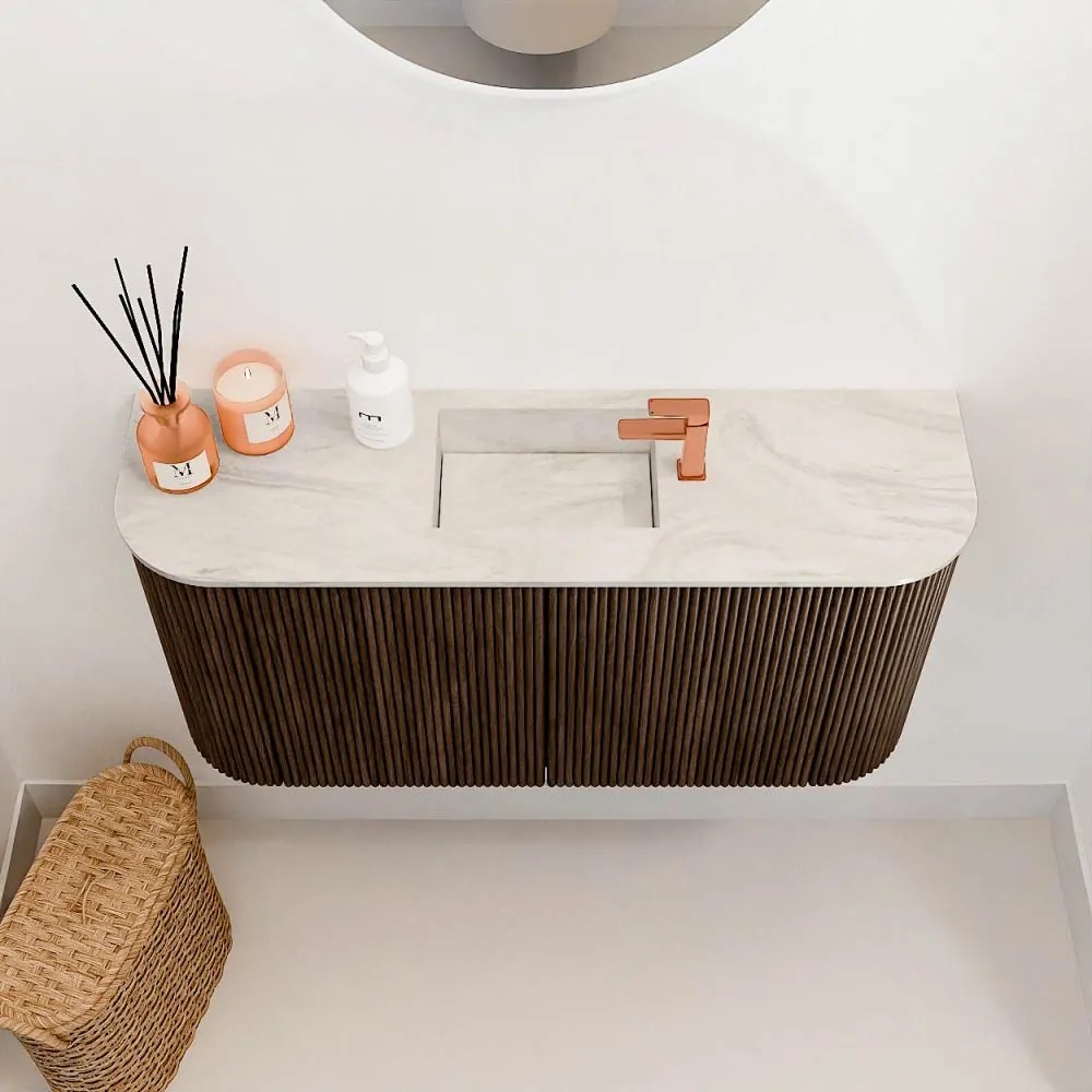 Mondiaz Joya DLux 85cm toiletmeubel ronding links/rechts walnut met wastafel faye midden 1 kraangat ostra