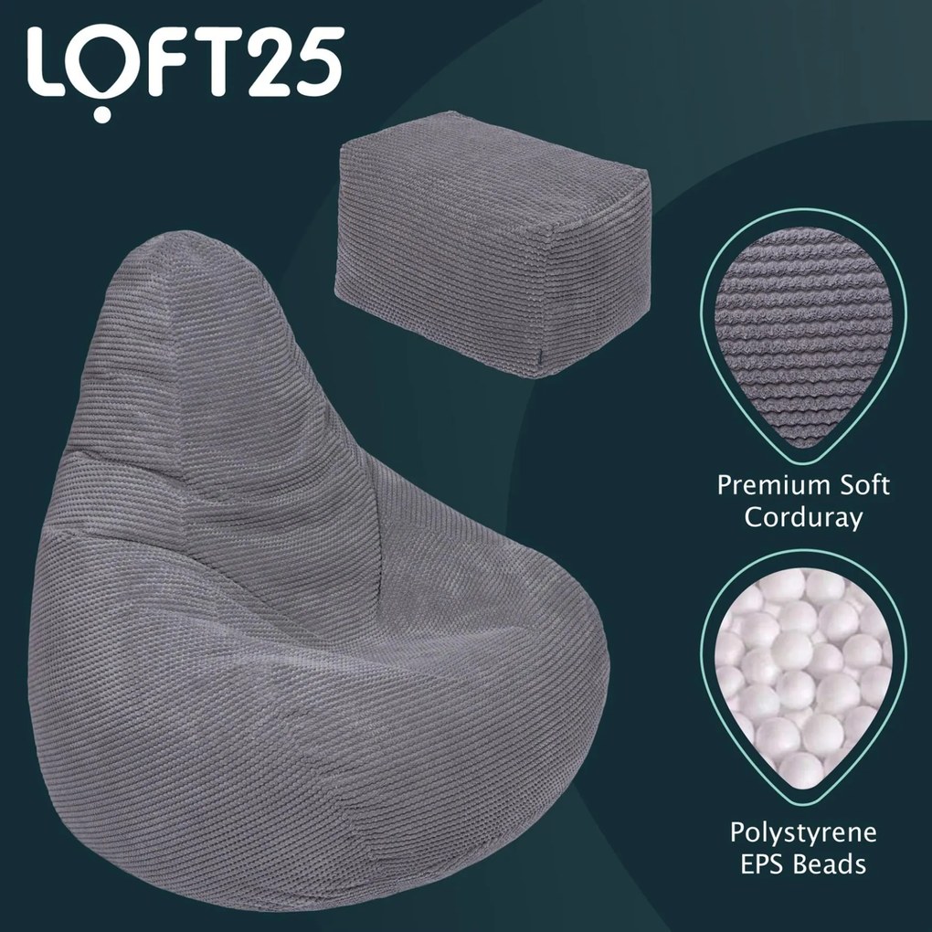 Highback Zitzak Stoel incl. Poef Corduroy Stof - Charcoal