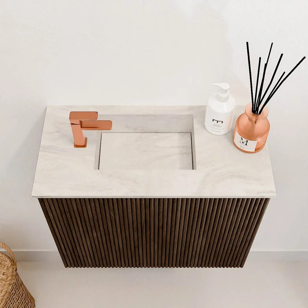 Mondiaz Joya DLux 50cm toiletmeubel walnut met wastafel faye links 1 kraangat ostra