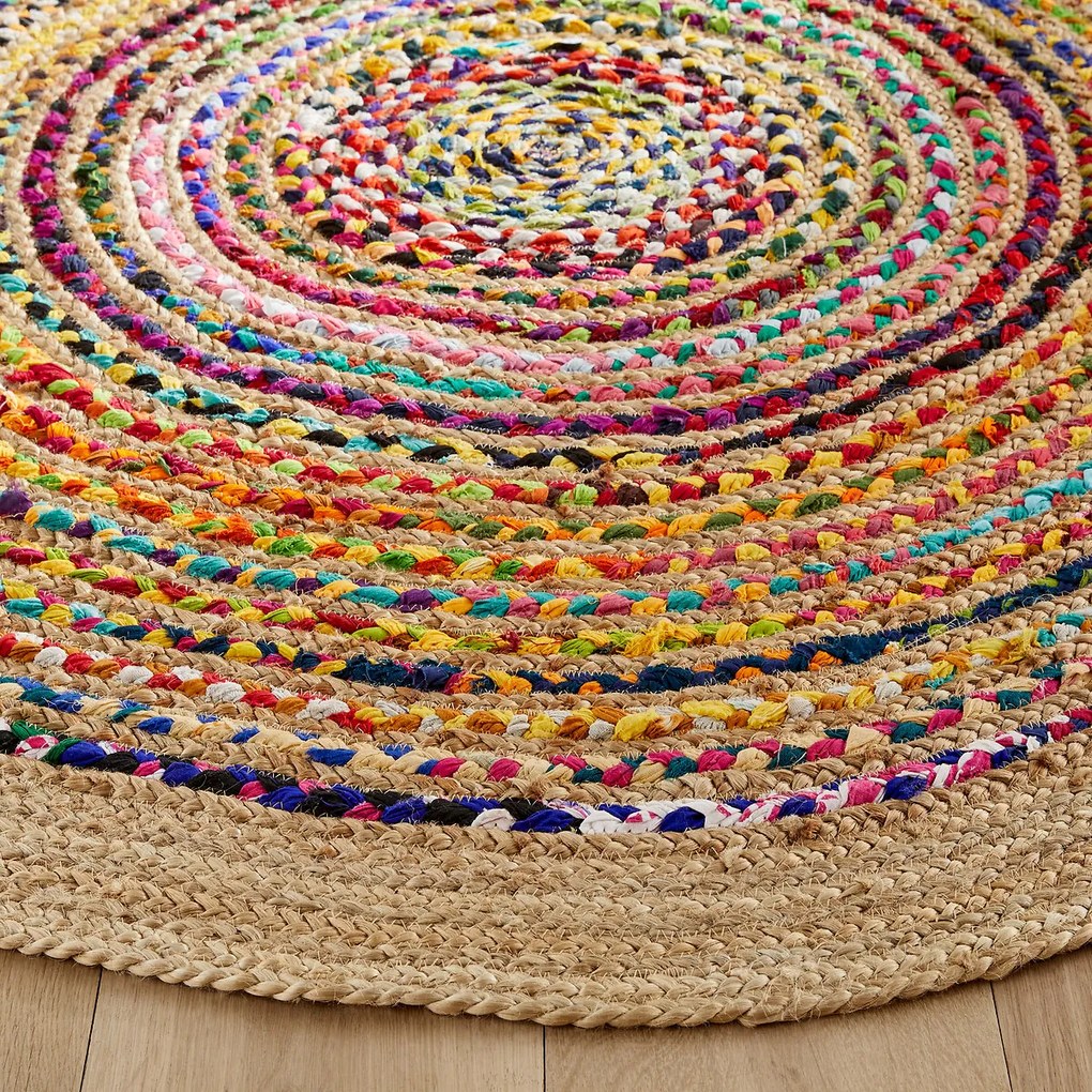 Vloerkleed in jute en recycled katoen ø150 cm, Jaco