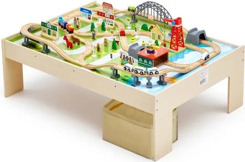 VEVOR Houten Activiteitentafel, 120 Stukken, met Opvouwbare Opbergcontainer, 3-in-1 Treinset om mee te Spelen, Schilderen, Lezen, Eten, Creatieve Speelgoedset voor Kinderen vanaf 3 Jaar