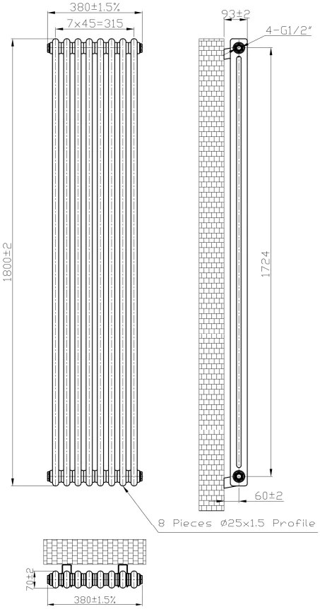 Eastbrook Imperia 2 koloms radiator 40x180cm 1190W antraciet