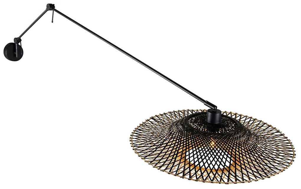 Wandlamp zwart met rotan kap 50 cm verstelbaar - Blitz
