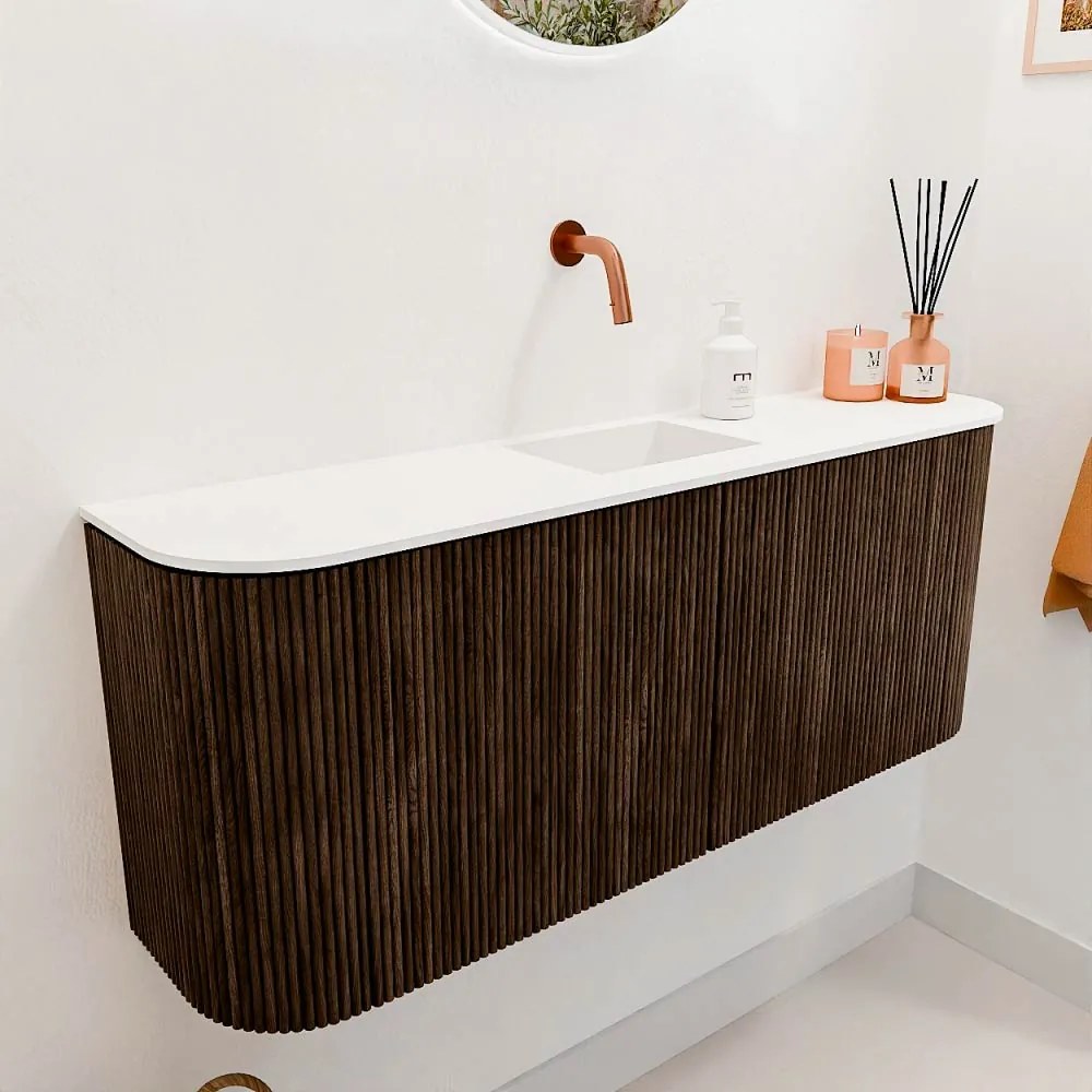 Mondiaz Joya 105cm toiletmeubel ronding links/rechts walnut met wastafel faye midden zonder kraangat talc