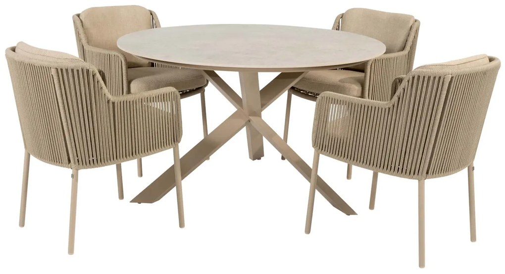 4 Seasons Outdoor Bernini tuinset latte met Prado tafel met keramisch blad Ø 130 cm Tuinset beige weerbestendig