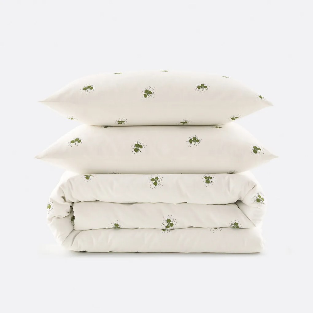 Beddengoedset van 30% gerecycled katoen, vierkant kussensloop, klaverprint, LUCKY CLOVER