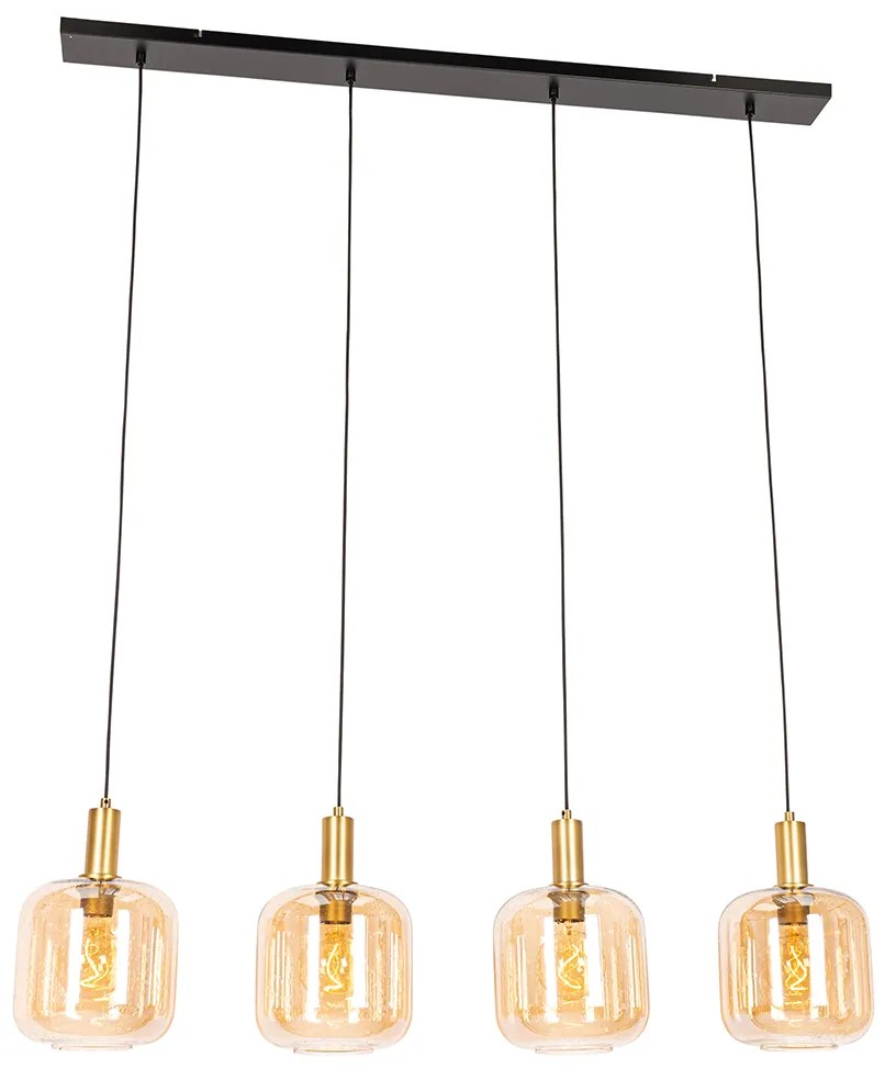 Eettafel / Eetkamer Smart hanglamp zwart met messing en amber glas 4-lichts incl. 4 Wifi G95 - Zuzanna E27 bol / globe / rond Binnenverlichting Lamp