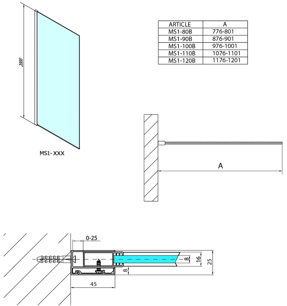 Polysan Modulaire inloopdouche 110x200cm mat zwart