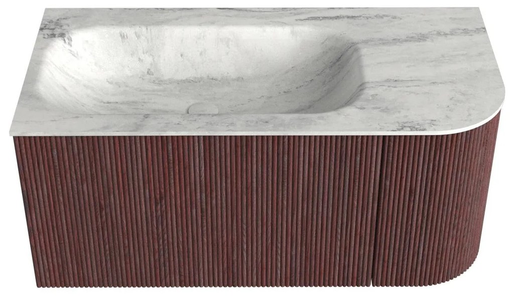 Mondiaz Kurve-dlux 95cm badmeubel ronding rechts ruby met 1 lade en deur en wastafel big small links zonder kraangat opalo