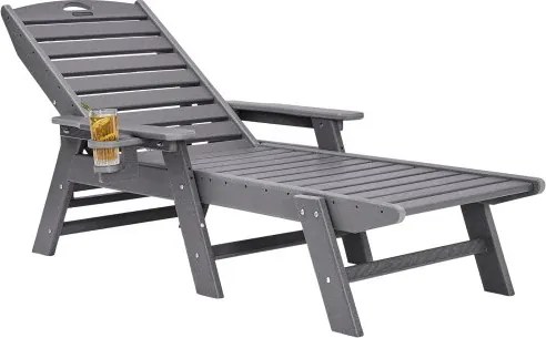 VEVOR ligstoel, draagvermogen 181 kg, HDPE tuinligstoel, strandligstoel met 6-voudig verstelbare rugleuning, armleuning, bekerhouder, balkonligstoel, terrasligstoel voor zwembad, terras, patio, gazon, grijs