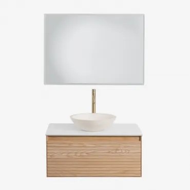 Tedrik Badkamermeubelset In Essenhout Ash Brown & Rond Cement Wit Ø40 Cm Zavion & Rechthoekige Led En Anticondens 100x70 Cm Tamsin & Goud - Sklum