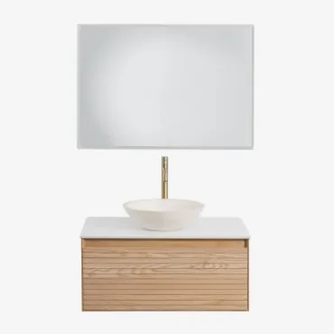 Tedrik Badkamermeubelset In Essenhout Ash Brown & Rond Cement Wit Ø40 Cm Zavion & Rechthoekige Led En Anticondens 100x70 Cm Tamsin & Goud - Sklum