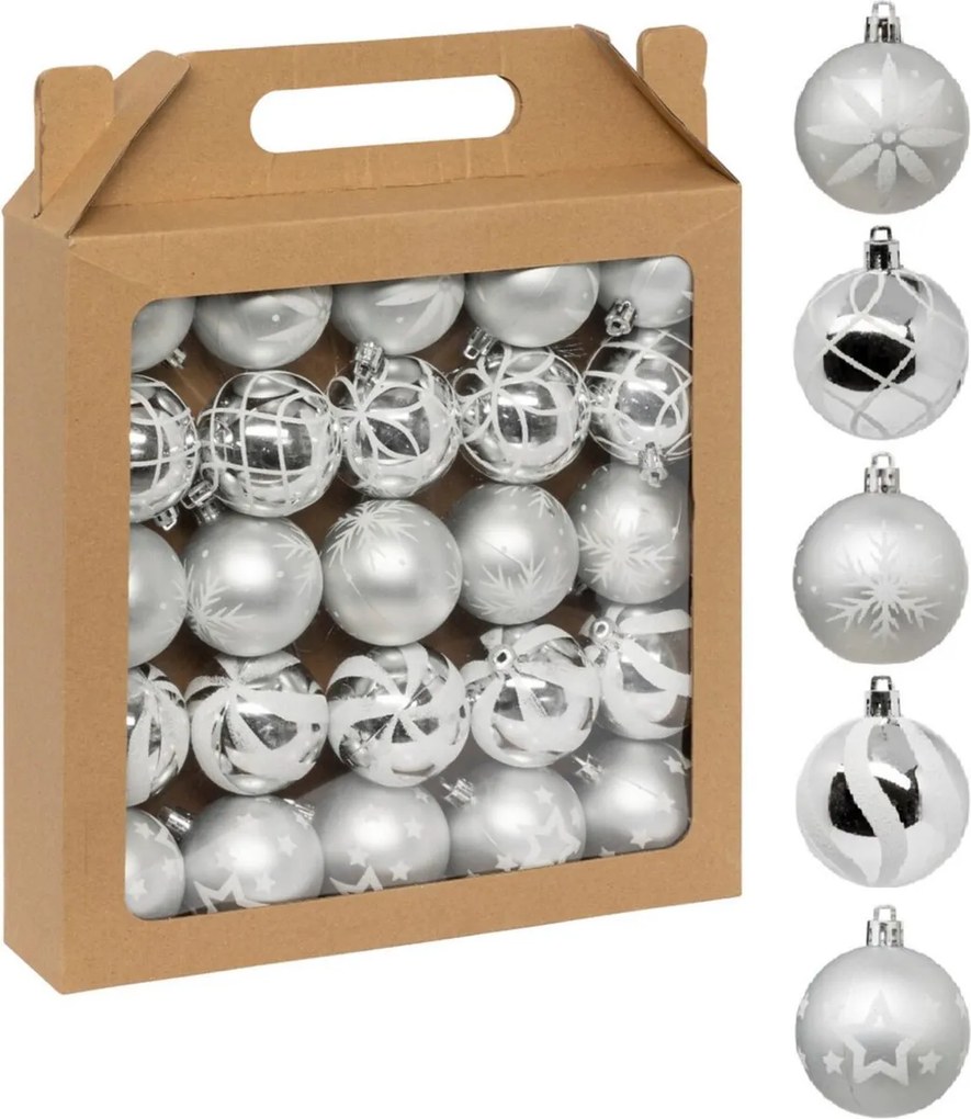 Feeric Christmas Kerstballen– 25 stuks – 6 cm – Zilver/Wit – Kunststof – Mix van glans en glitter