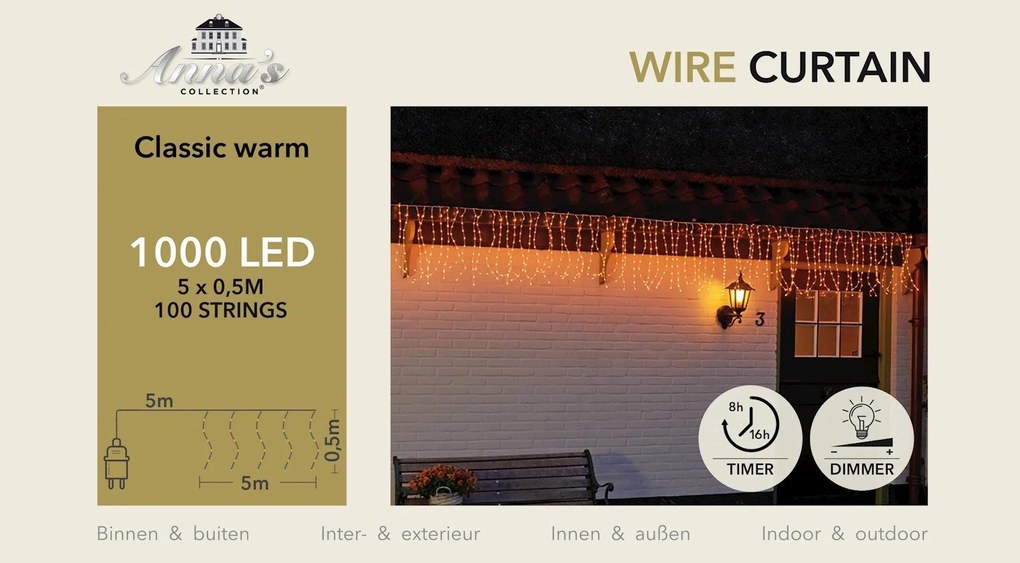 Anna's Collection - ijspegelverlichting - transparant - L500 x B50 cm - 100 lichtstrengen - 1000 extra warm witte ledlampjes - met timer &amp; dimmer