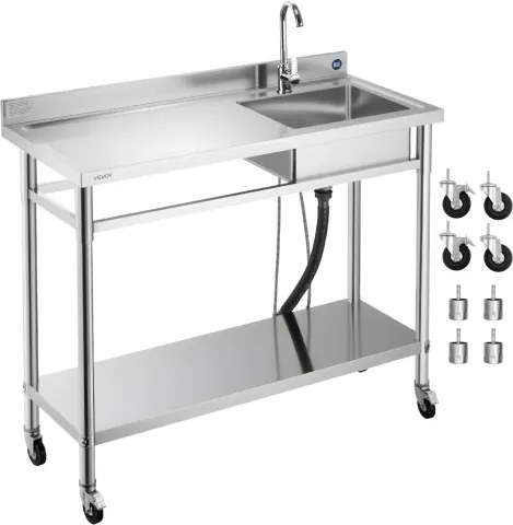 VEVOR RVS spoelbak (1200 x 500 x 1055 mm), enkele kom met kraan en wielen, keukenspoelbak voor garage, restaurant, wasruimte, buitenwasbak met werkblad (links)