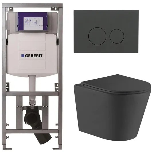QeramiQ Dely Toiletset - 36.3x51.7cm - diepspoel - rimless - Geberit UP320 inbouwreservoir - met Burda frame - softclose toiletzitting - bedieningsplaat mat antraciet - ronde knoppen - zwart mat SW1026253/0701131/SW1102376/SW1000768
