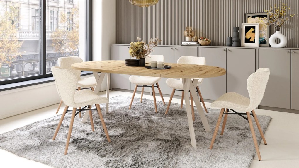 ALMO 100 Eiken Artisan/Beige poten - RONDE LOFT/INDUSTRIËLE TAFEL VOOR WOONKAMER/EETKAMER, UITSCHUIFBAAR