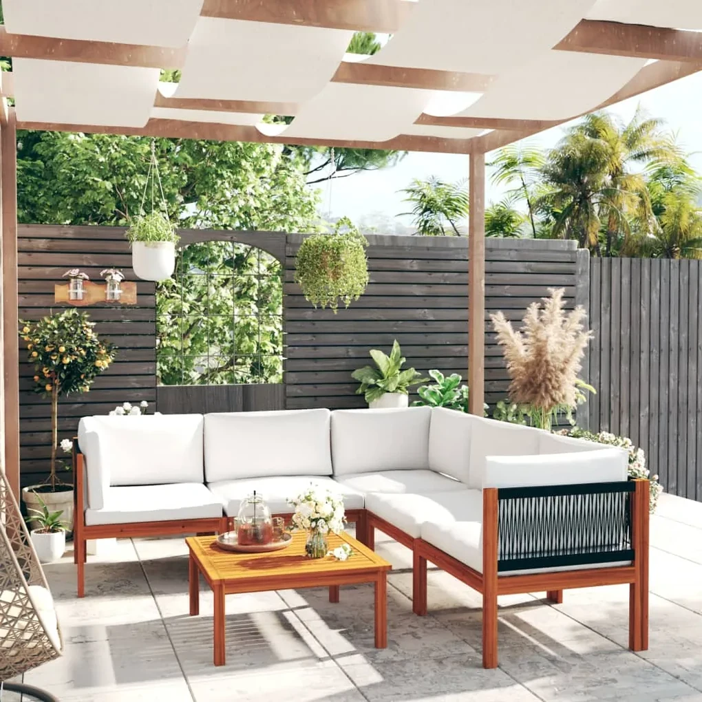 vidaXL 6-delige Loungeset met kussens massief acaciahout crèmekleurig