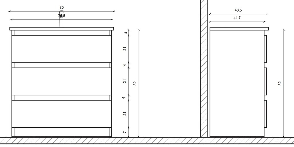 Sanigoods Rocky staand badmeubel 80cm walnoot met keramische wastafel zonder kraangat wit glans