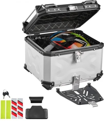 VEVOR Topcase Motorkoffer 55 L, Universele Achterkoffer Aluminium, Waterdichte Helmhoes, Afneembaar, met Veiligheidsslot, Reflecterende Strips, Harde Schaal en Lederen Voering voor Helmopslag