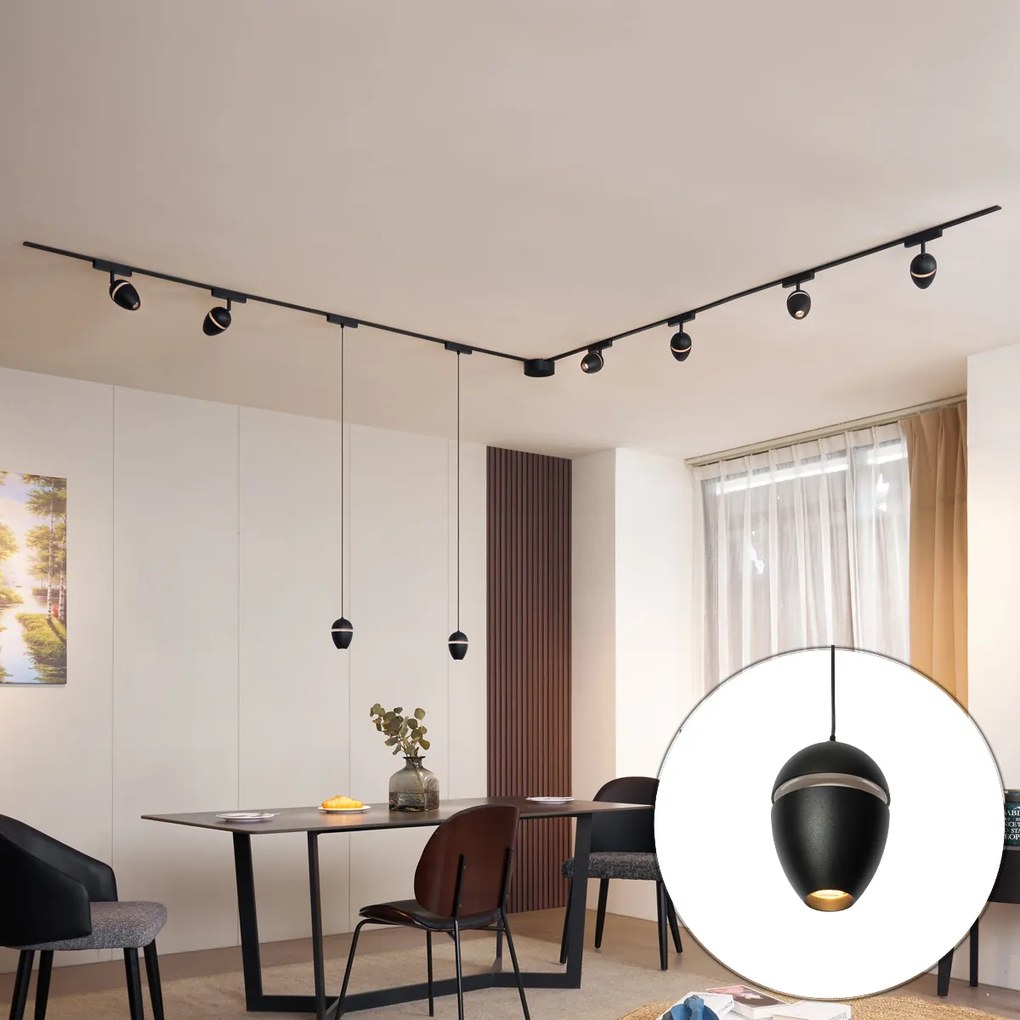 LED Railsysteem met 6 Spot / Opbouwspot / Plafondspots en 2 hanglampen zwart 1-fase - Magnetic Eggy Modern Binnenverlichting Lamp