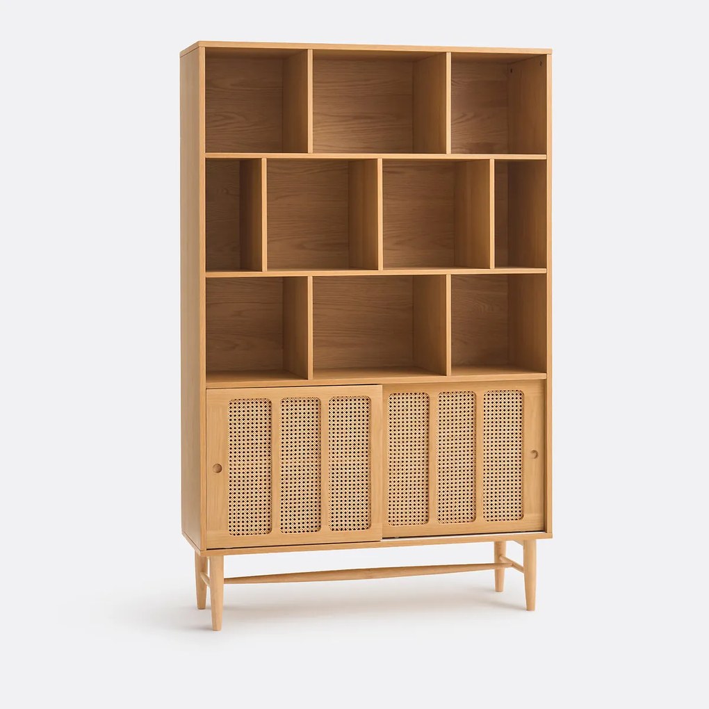 Boekenkast van eikenfineer en riet, 2 schuifdeuren, 10 nissen, ESMEE