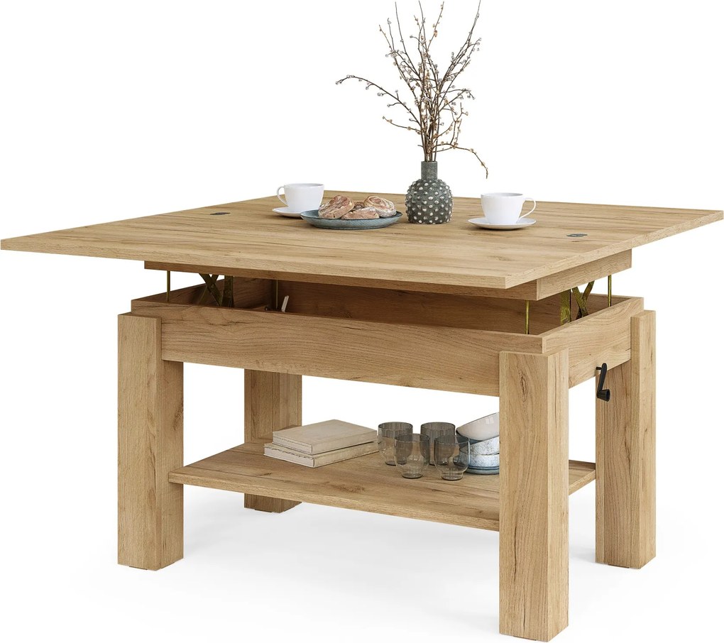 BRAVO goud eiken – uitschuifbare en in hoogte verstelbare salontafel, tafel met plank