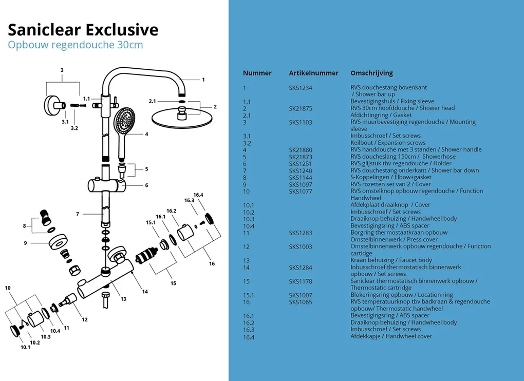 Saniclear Exclusive volledig 304 RVS regendouche opbouw 30cm met 3 standen handdouche